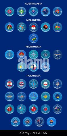 Set of vector illustrations of the flags of the countries of Australia and Oceania in the form of a wind rose. Groups of Australasia, Micronesia, Mela Stock Photo