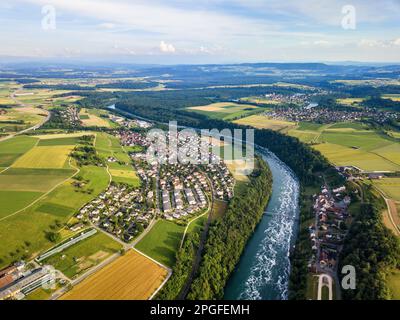 Aerial photography with drone of Rhine river with  curvy course along the beautiful agricultural landscape Stock Photo