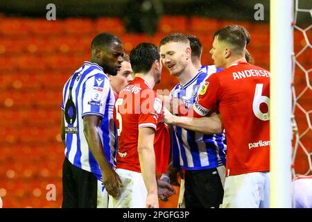 Oakwell Stadium, Barnsley, England - 21st March 2023 Tempers flair - during the game Barnsley v Sheffield Wednesday, Sky Bet League One,  2022/23, Oakwell Stadium, Barnsley, England - 21st March 2023 Credit: Arthur Haigh/WhiteRosePhotos/Alamy Live News Stock Photo