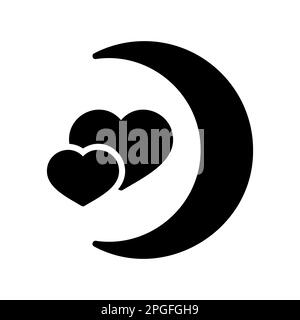 Crescent moon with heart shaped stars isolated glyph icon. Vector illustration, romance elements. Sticker, patch, badge, card for marriage, valentine Stock Vector