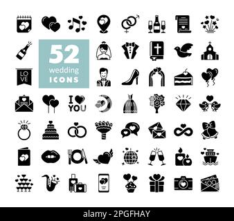 Wedding, marriage, bridal isolated glyph icon set. Vector illustration, romance elements. Sticker, patch, badge, card for marriage, valentine Stock Vector
