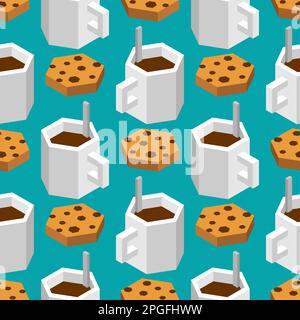 Cup of coffee and cookies isometric style pattern seamless Stock Vector