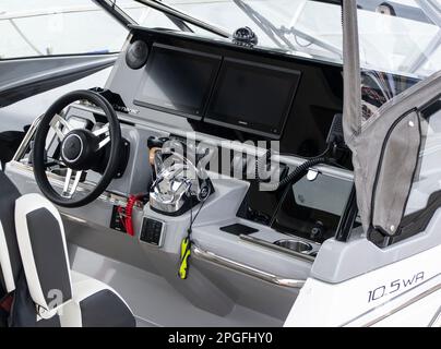 SOPOT, POLAND - JULY 31, 2022: Jeanneau Cap Camarat 10.5 WA speed boat interior with Garmin instruments Stock Photo