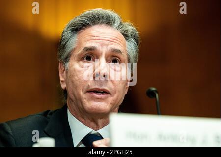 Washington, United States. 22nd Mar, 2023. U.S. Secretary of State Antony Blinken speaking at a hearing of the Senate Appropriations committee at the U.S. Capitol. (Photo by Michael Brochstein/Sipa USA) Credit: Sipa USA/Alamy Live News Stock Photo