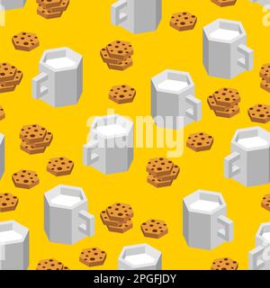 Cup of milk and cookies isometric style pattern seamless Stock Vector