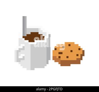Cup of coffee and cookies pixel art. 8 bit food Stock Vector