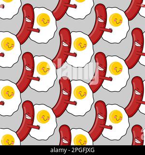 Egg and sausage love pattern seamless. Fried egg and bacon background. breakfast texture Stock Vector