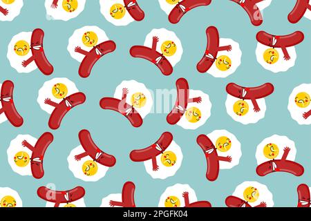 Egg and sausage love pattern seamless. Fried egg and bacon background. breakfast texture Stock Vector