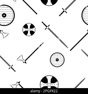 Medieval axe, sword and shield. Seamless pattern. Weapon texture. Vikings ornament. Printable design. Wallpaper element. Random square pattern. Stock Vector