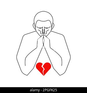Man prays in front of broken heart. Male prayer before love Stock Vector