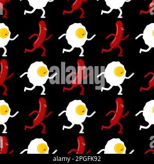 Egg and sausage pattern seamless. Fried egg and bacon background. breakfast texture Stock Vector
