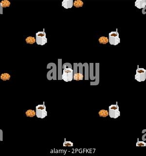 Cup of coffee and cookies pixel art pattern seamless. 8 bit food background Stock Vector