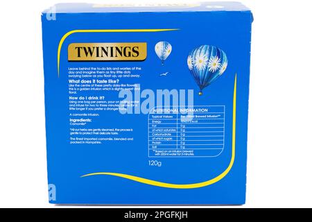 Irvine, Scotland, UK-March 12, 2023: A box of Twinings branded pure camomile teabags in a recyclable cardboard box displaying graphics including nutri Stock Photo