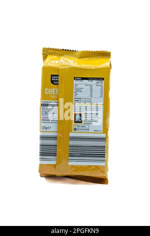 Irvine, Scotland, UK-March 12, 2023: Aldi branded Savour bakes cheese bread sticks displaying graphics and information icons relevant to the product. Stock Photo