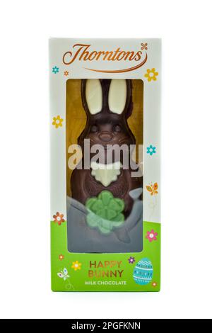 Irvine, Scotland, UK-March 20, 2023: Thorntons branded Easter themed milk chocolate happy bunny contained in a recyclable cardboard box displaying gra Stock Photo