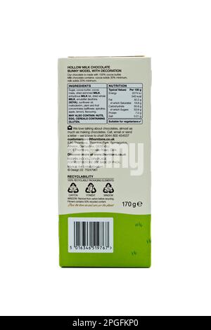 Irvine, Scotland, UK-March 20, 2023: Rear of Thorntons branded Easter themed milk chocolate happy bunny contained in a recyclable cardboard box displa Stock Photo