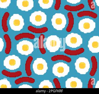 Egg and sausage pixel art pattern seamless. 8 bit Fried egg and bacon background. pixelated breakfast concept texture Stock Vector
