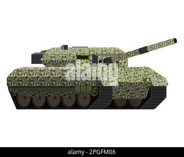 Main battle tank in flat style. Military vehicle. Pixel camouflage. Colorful illustration isolated on white background. Stock Photo