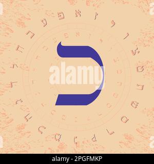 Vector illustration of the Hebrew alphabet in circular design. Hebrew letter called Kaph large and blue. Stock Vector