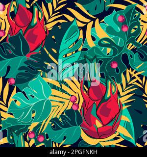 Seamless tropical pattern with plants and dragonfruit vector illustration Stock Vector