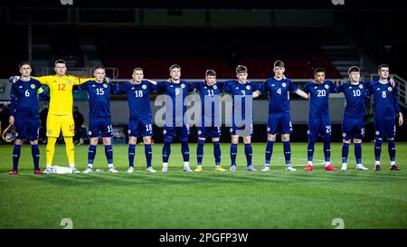 Newport, UK. 22nd Mar, 2023. Scotland lineup for their National Anthem. Scotland v Wales in the UEFA u17 Championship Elite Round at Rodney Parade on the 22nd March 2023. Credit: Lewis Mitchell/Alamy Live News Stock Photo