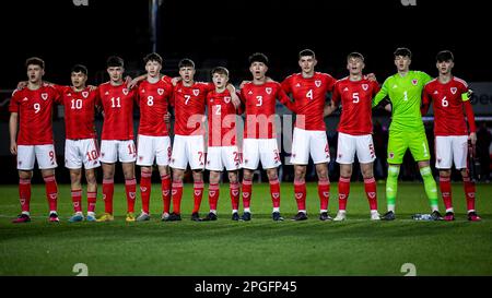 Newport, UK. 22nd Mar, 2023. Wales lineup for the national anthem. Scotland v Wales in the UEFA u17 Championship Elite Round at Rodney Parade on the 22nd March 2023. Credit: Lewis Mitchell/Alamy Live News Stock Photo