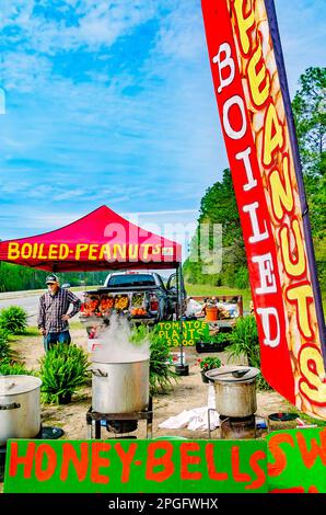 A man sells boiled peanuts and assorted produce at a roadside stand on Mississippi Highway 63, March 20, 2023, in Moss Point, Mississippi. Stock Photo