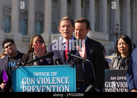 Washington DC, USA. 22 Mar 2023. U.S. Sen. Richard Blumenthal (D-Conn.) speaks at a press conference announcing the introduction of a bill to create an Office of Gun Violence Prevention in the U.S. Department of Justice. Credit: Philip Yabut/Alamy Live News Stock Photo