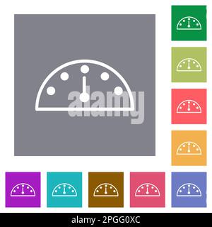 Speedometer outline flat icons on simple color square backgrounds Stock Vector