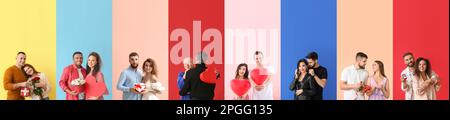 Set of happy couples on color background Stock Photo