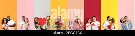 Collection of happy couples on color background Stock Photo