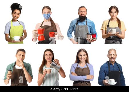 Set of baristas with hot coffee on white background Stock Photo - Alamy