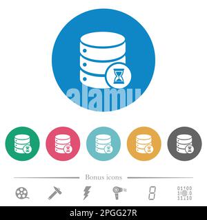 Database working flat white icons on round color backgrounds. 6 bonus icons included. Stock Vector
