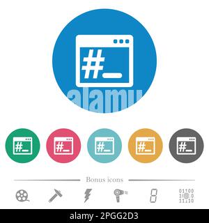Root terminal flat white icons on round color backgrounds. 6 bonus icons included. Stock Vector