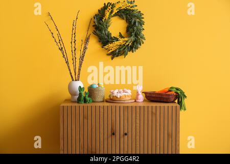 Glass vase with pussy willow tree branches on white table indoors Stock  Photo - Alamy