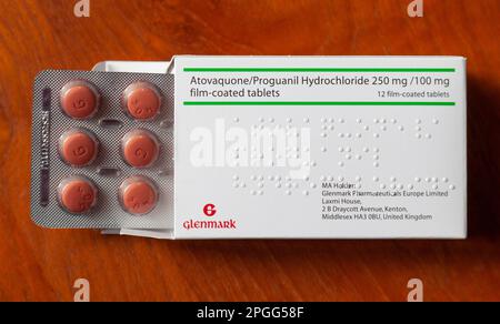 Stock Photo only of a Box of combined Atovaquone and Proguanil Hydrochloride anti-malarials, showing some of the  tablets. Stock Photo