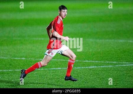 Newport, UK. 22nd Mar, 2023. Rhys Thomas of Wales in action. Scotland v Wales in the UEFA u17 Championship Elite Round at Rodney Parade on the 22nd March 2023. Credit: Lewis Mitchell/Alamy Live News Stock Photo