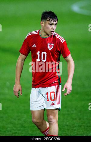 Newport, UK. 22nd Mar, 2023. Gabriele Biancheri of Wales in action. Scotland v Wales in the UEFA u17 Championship Elite Round at Rodney Parade on the 22nd March 2023. Credit: Lewis Mitchell/Alamy Live News Stock Photo