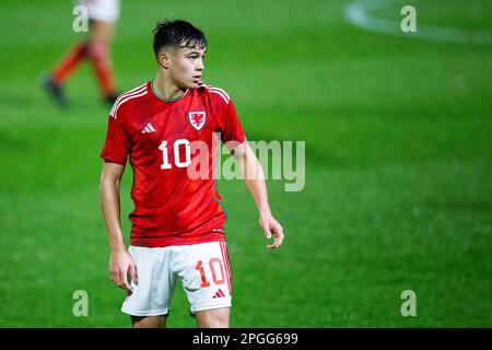 Newport, UK. 22nd Mar, 2023. Gabriele Biancheri of Wales in action. Scotland v Wales in the UEFA u17 Championship Elite Round at Rodney Parade on the 22nd March 2023. Credit: Lewis Mitchell/Alamy Live News Stock Photo