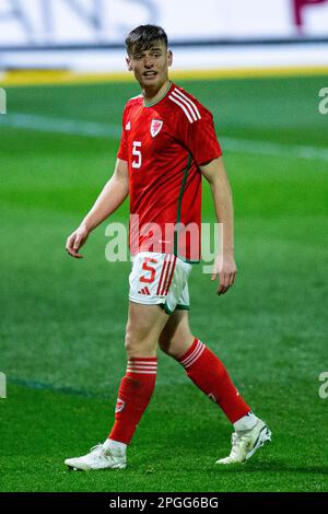 Newport, UK. 22nd Mar, 2023. Dylan Lawlor of Wales in action. Scotland v Wales in the UEFA u17 Championship Elite Round at Rodney Parade on the 22nd March 2023. Credit: Lewis Mitchell/Alamy Live News Stock Photo