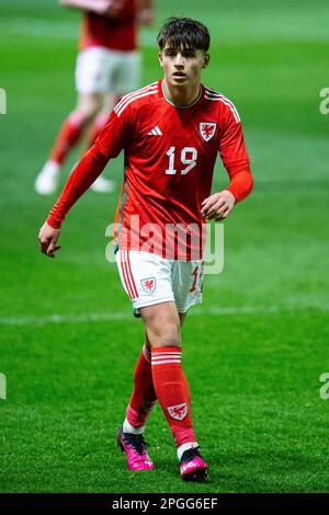 Newport, UK. 22nd Mar, 2023. Joe Hatch of Wales in action. Scotland v Wales in the UEFA u17 Championship Elite Round at Rodney Parade on the 22nd March 2023. Credit: Lewis Mitchell/Alamy Live News Stock Photo