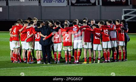 Newport, UK. 22nd Mar, 2023. Wales huddle at full time. Scotland v Wales in the UEFA u17 Championship Elite Round at Rodney Parade on the 22nd March 2023. Credit: Lewis Mitchell/Alamy Live News Stock Photo