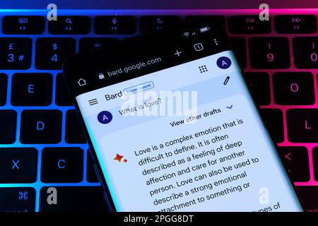 Google Bard AI chatbot. Real use of chat bot. Answering question about love. Stafford, United Kingdom, March 22, 2023 Stock Photo