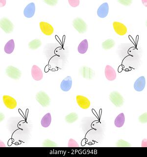 Endless pattern of Rabbit in one continuous line and colorful watercolor Easter eggs with hand drawn elements. Seamless Pattern. Abstract background texture. Design for wrapping, card or greeting. EPS Stock Vector