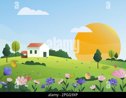 Landscape with a rural house and a well in a flower meadow. Blue sky and sun, trees and flowers. Stock Vector