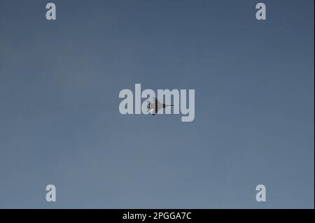 Kyiv, Donetsk, Ukraine. 20th Mar, 2023. A MiG-29 of the Ukrainian Air-force flies over the Donetsk region of Ukraine. In recent days, Poland has pledged to give Ukraine 4 more MiG-29 jets to help the fight against Russia. (Credit Image: © Madeleine/ZUMA Press Wire) EDITORIAL USAGE ONLY! Not for Commercial USAGE! Stock Photo