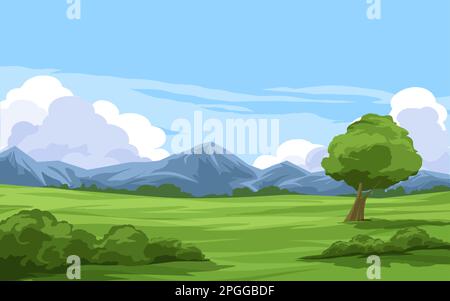 Vector scenery illustration with meadow and mountain Stock Vector