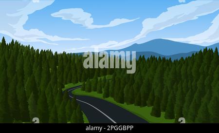 Vector illustration of empty road through forest Stock Vector