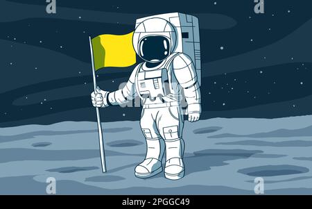Vector illustration of astronaut standing on the moon with flag Stock Vector