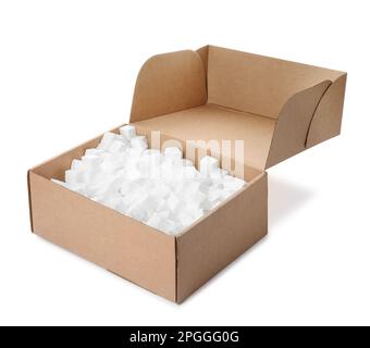 Cardboard box with styrofoam cubes isolated on white Stock Photo